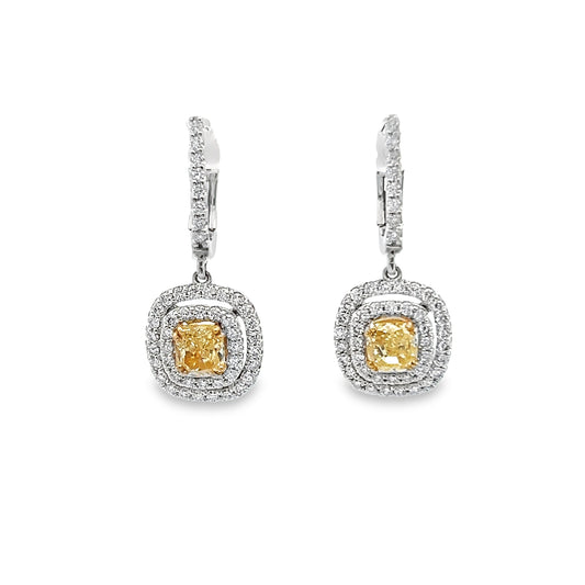 Yellow Diamond and White Diamond Dangly Earrings in 14K White Gold