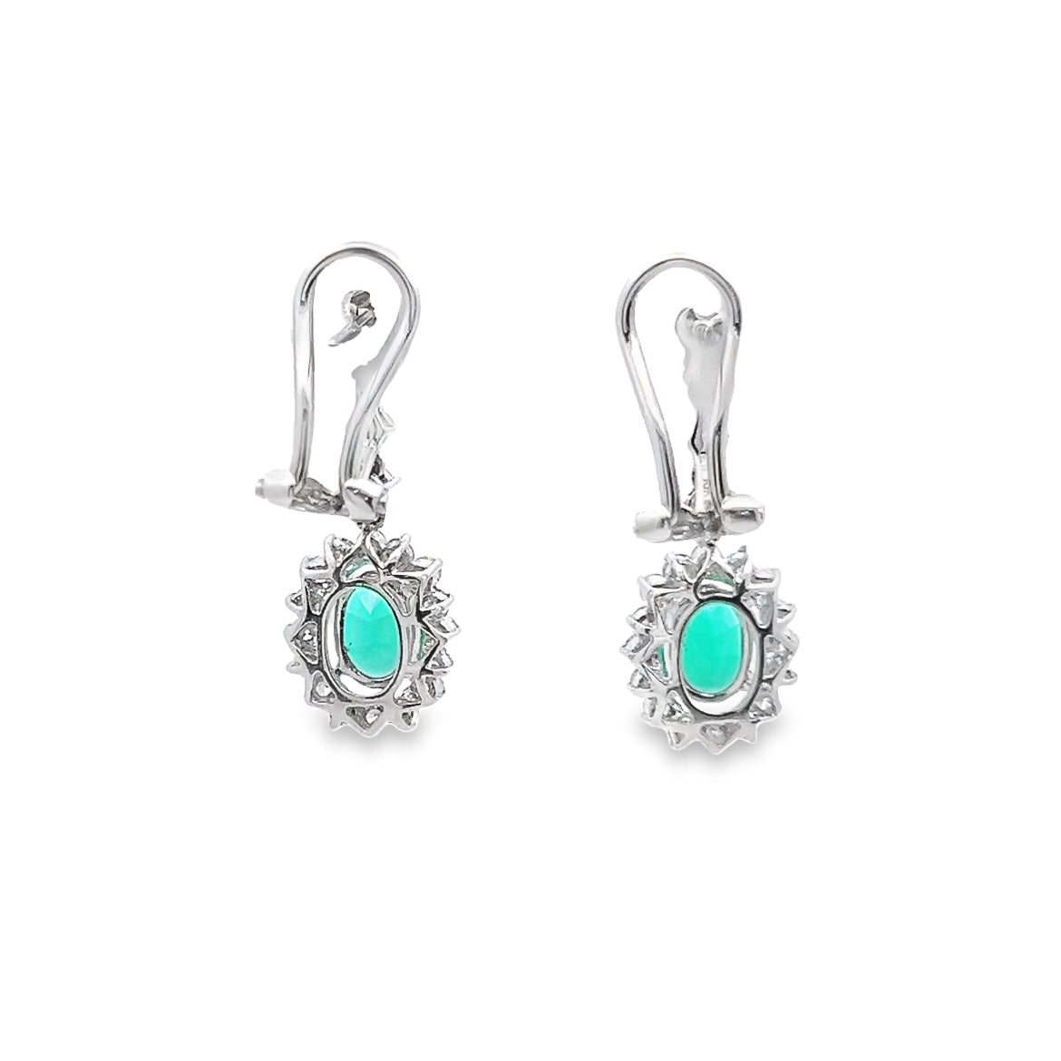 Emerald Dangle Earrings with Diamond Halo in 18K White Gold
