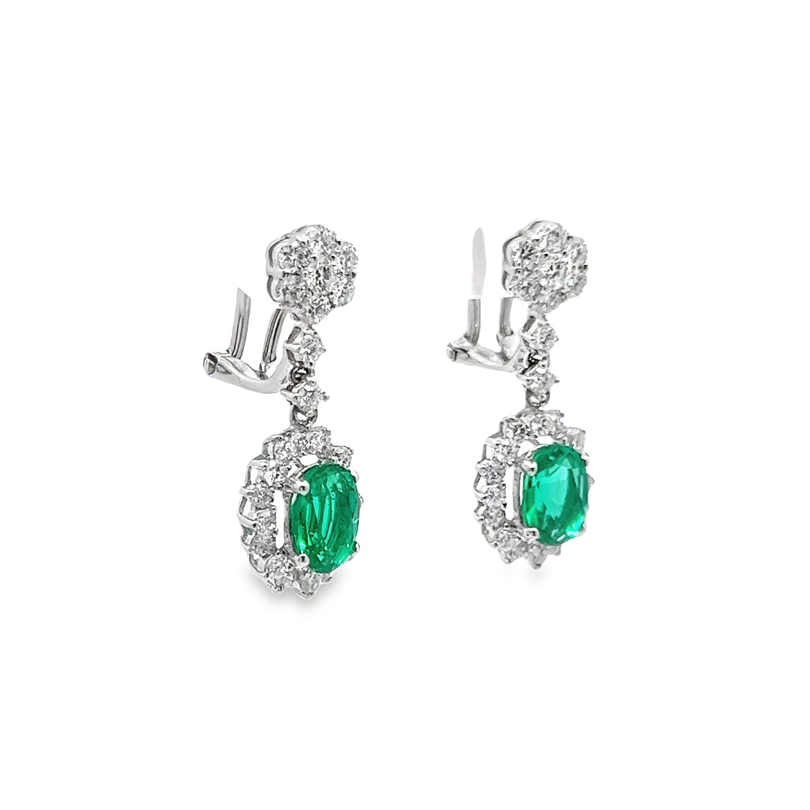 Emerald Dangle Earrings with Diamond Halo in 18K White Gold