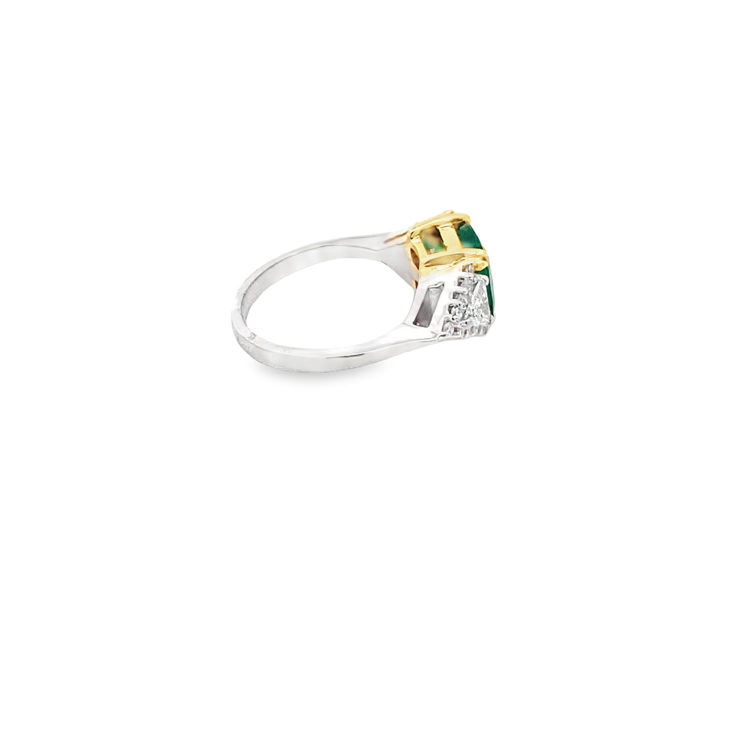 Cushion-Cut Emerald andTrillion-Cut Diamond Ring in 14K White Gold and 18K Yellow Gold