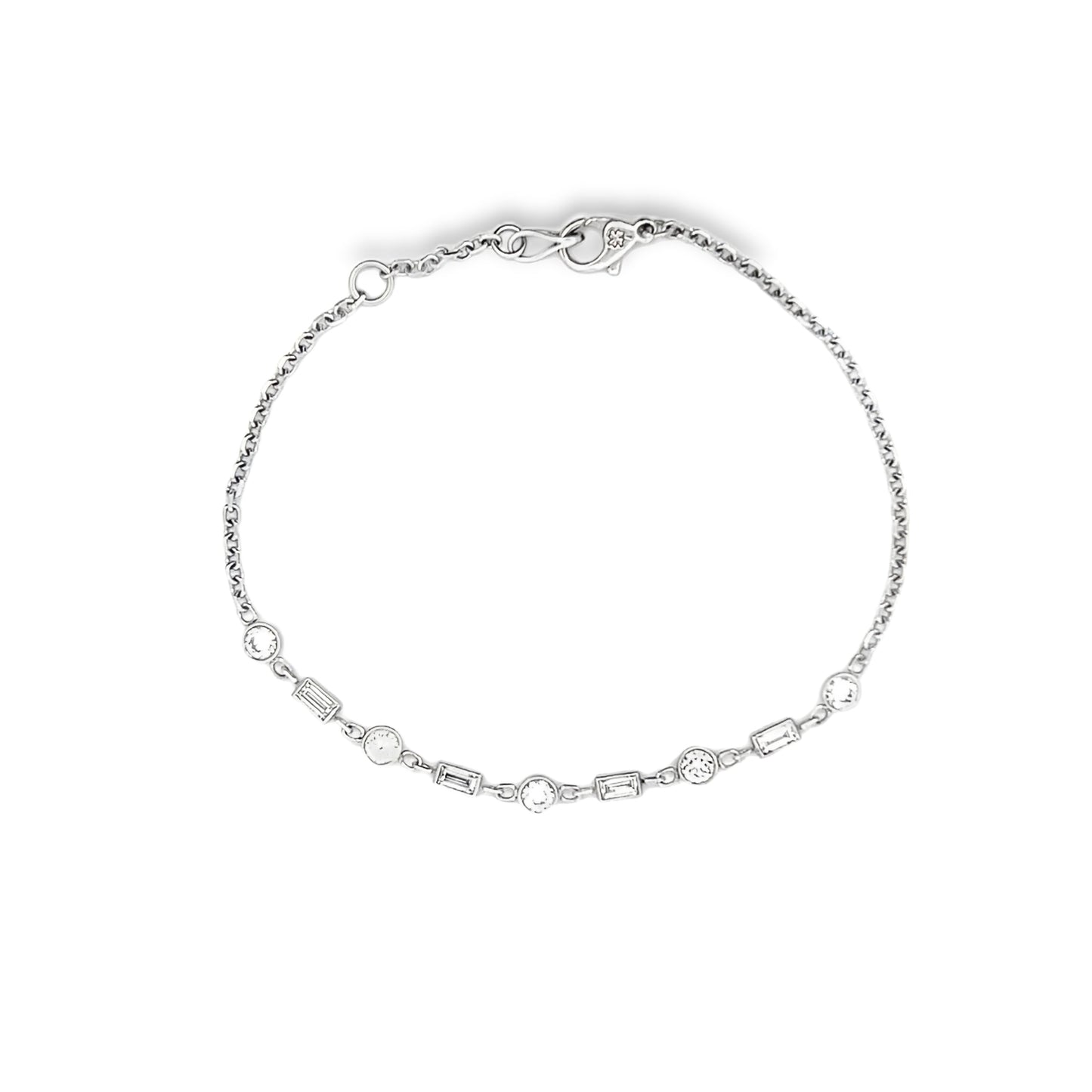 Round and Baguette Cut Diamond Bracelet in 14K White Gold