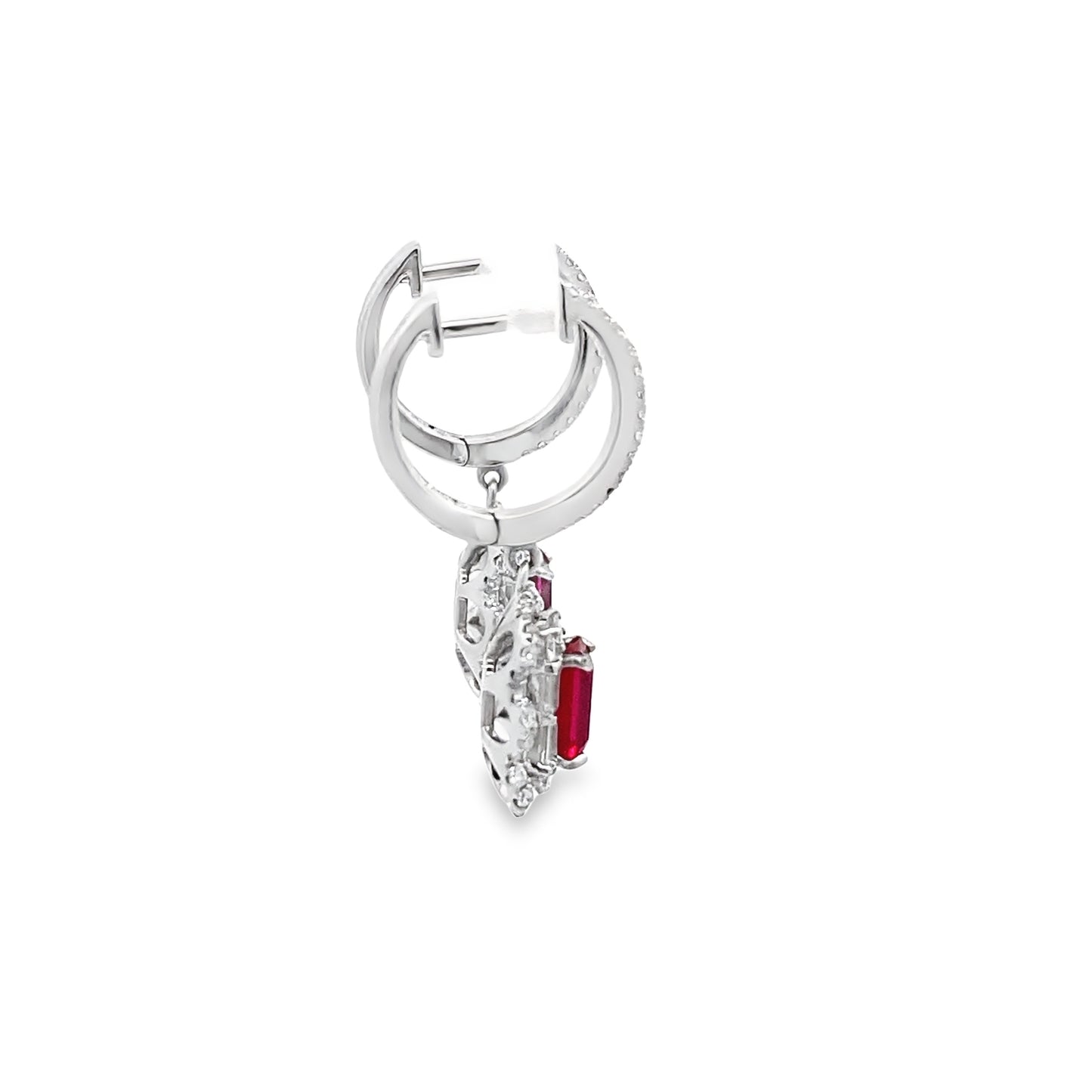 Ruby Leverback Drop Earrings with Double Diamond Halo in 14K White Gold