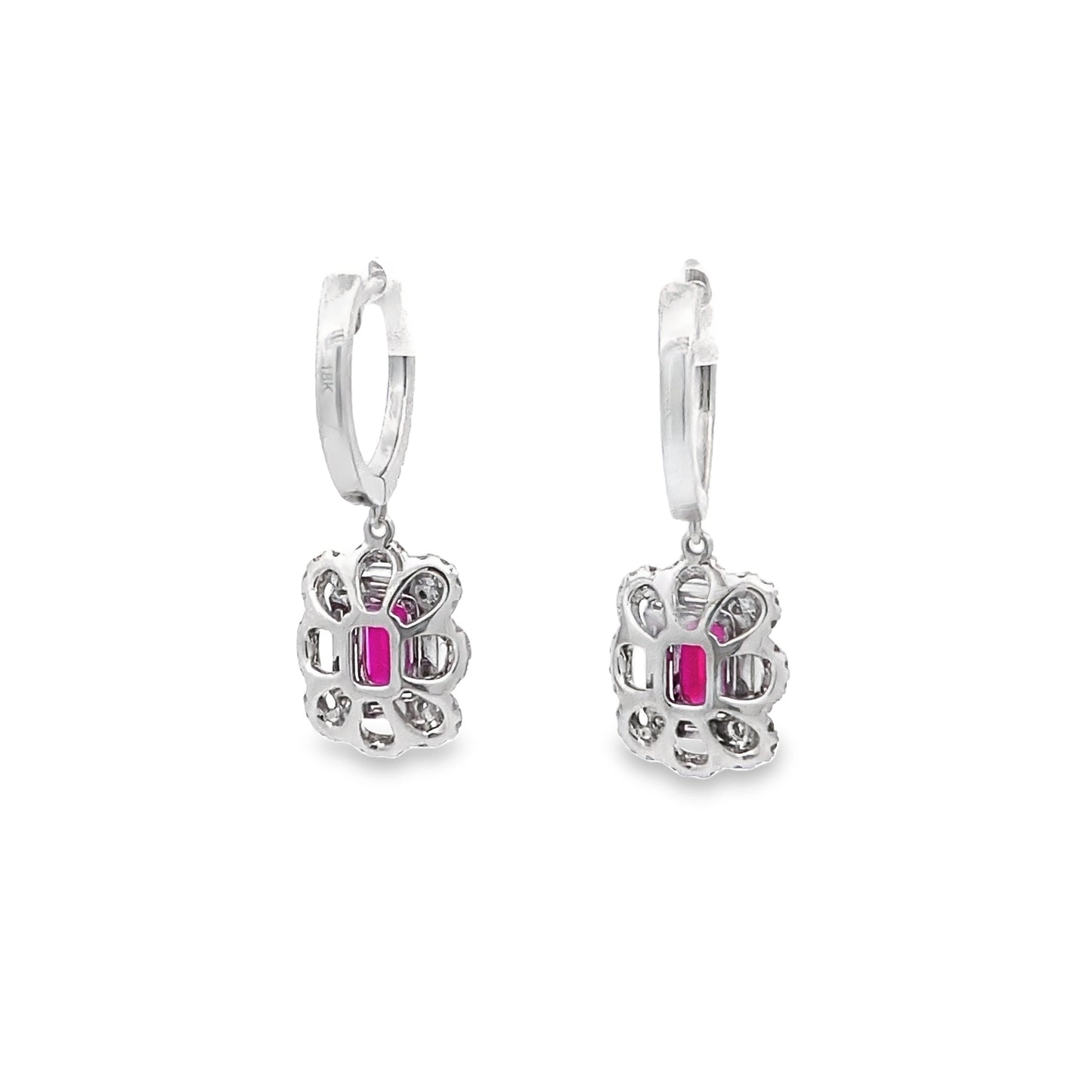 Ruby Leverback Drop Earrings with Double Diamond Halo in 14K White Gold