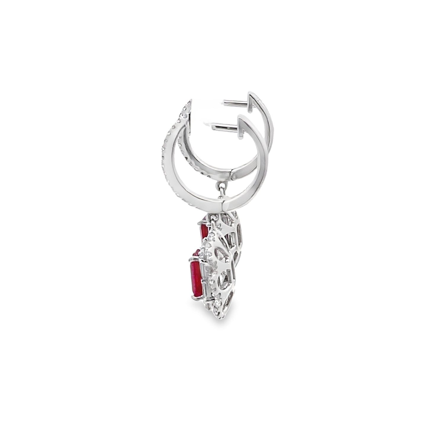 Ruby Leverback Drop Earrings with Double Diamond Halo in 14K White Gold