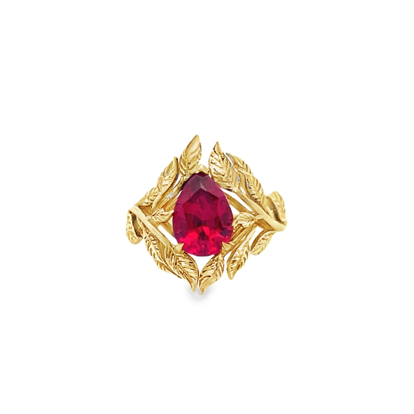 Floral Design Pear Shape Ruby Ring in 18K Yellow Gold