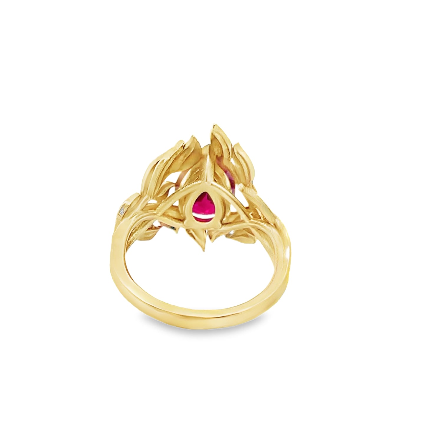 Floral Design Pear Shape Ruby Ring in 18K Yellow Gold
