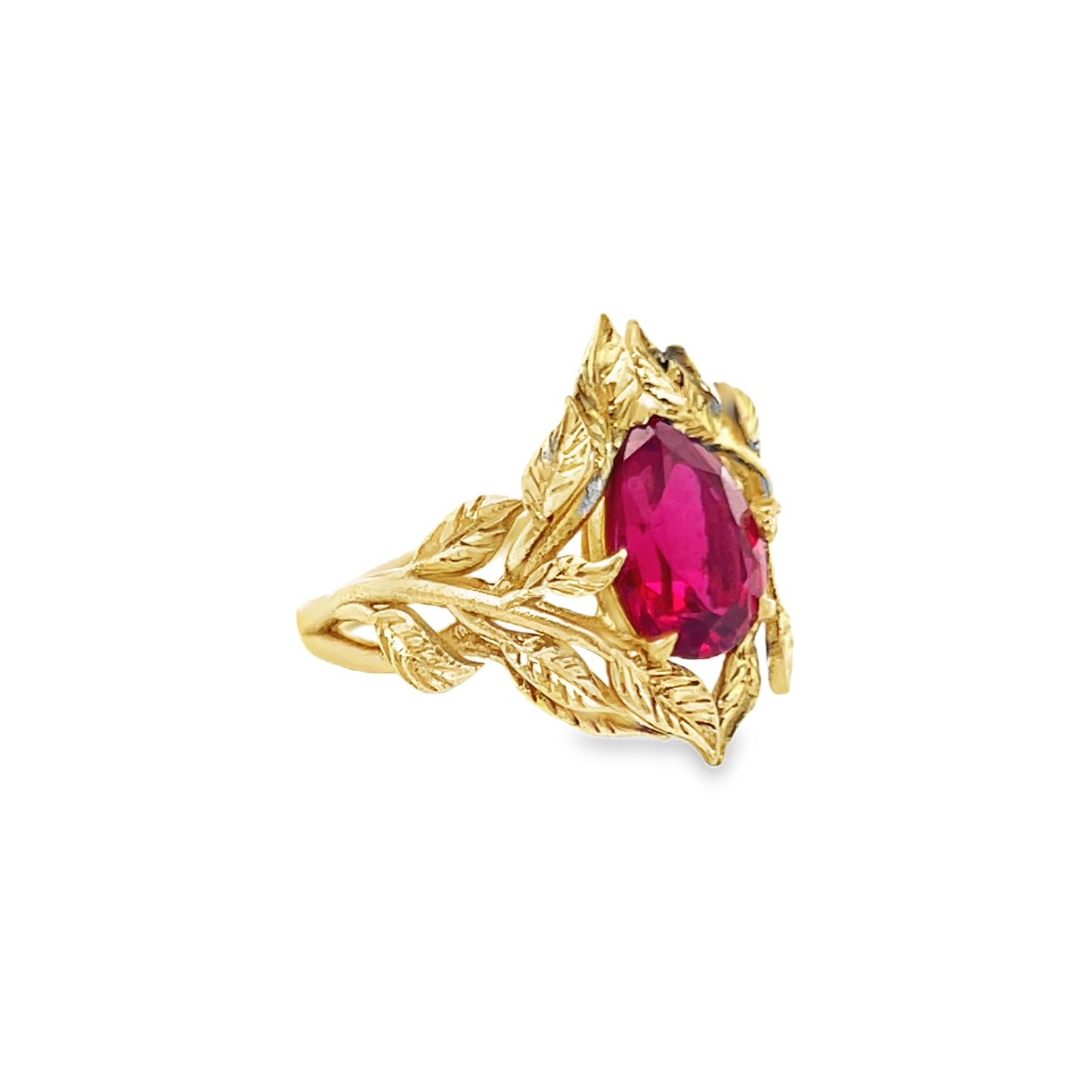 Floral Design Pear Shape Ruby Ring in 18K Yellow Gold