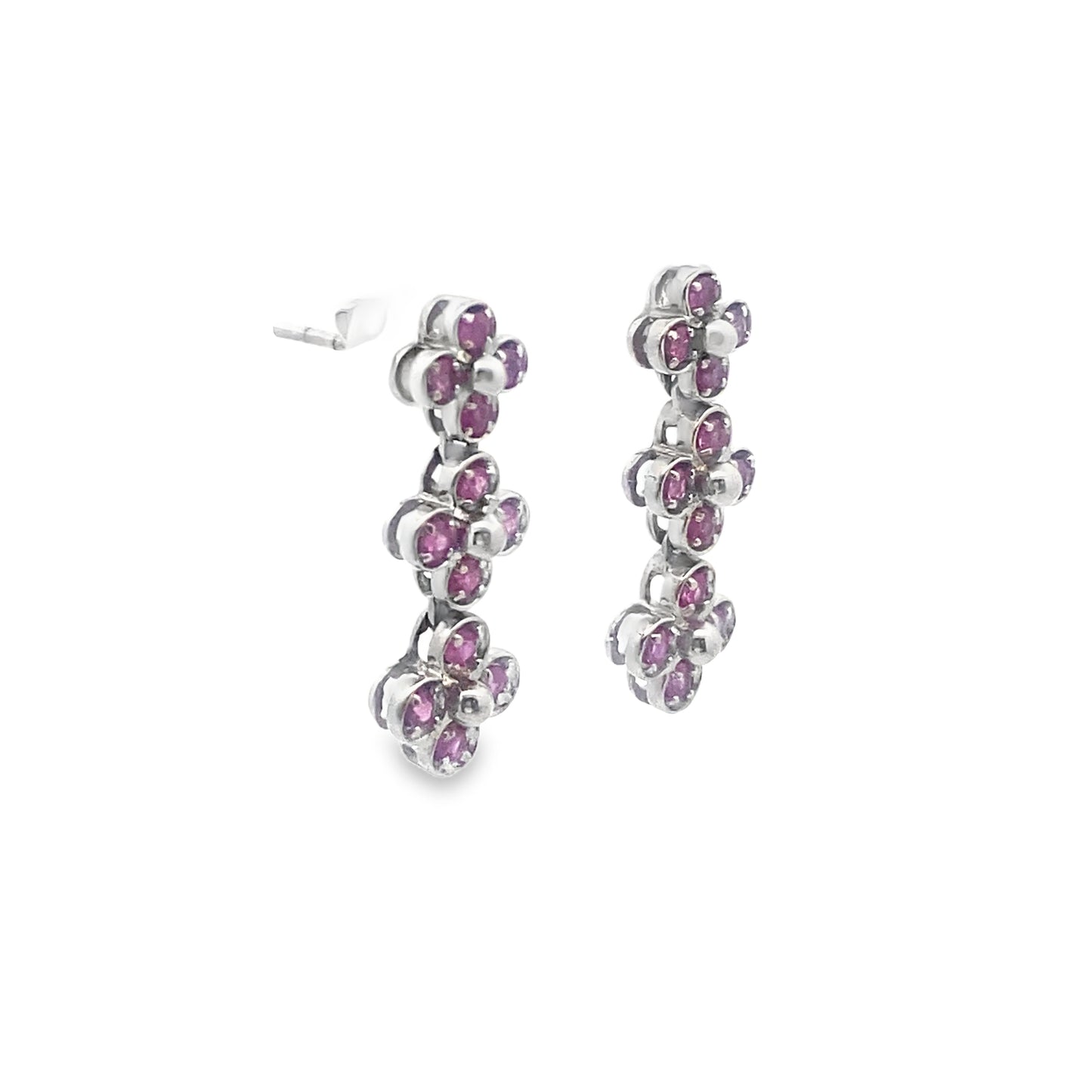 Pink Sapphire Four Leaf Dangly Earrings in 14K White Gold