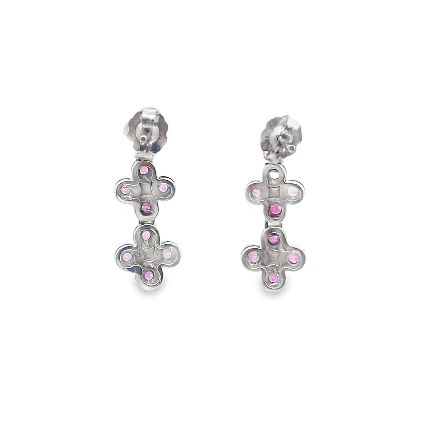 Pink Sapphire Four Leaf Dangly Earrings in 14K White Gold