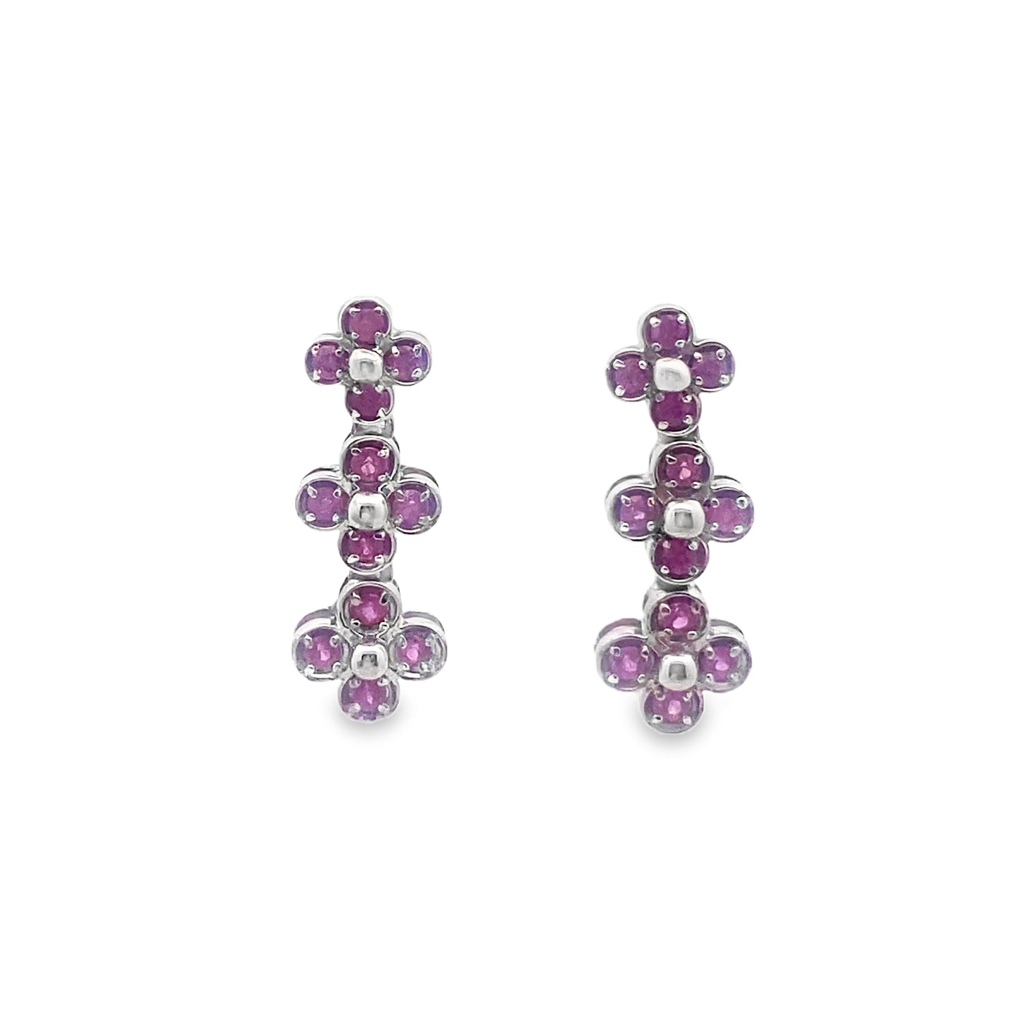 Pink Sapphire Four Leaf Dangly Earrings in 14K White Gold