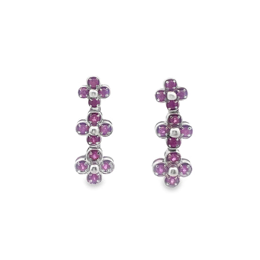 Pink Sapphire Four Leaf Dangly Earrings in 14K White Gold