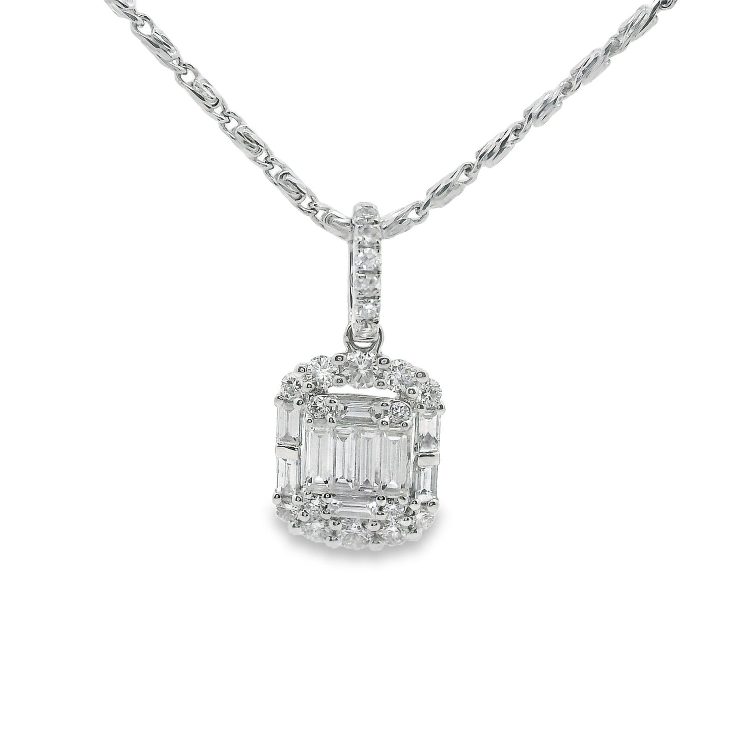 Round and Baguette Cut Diamond Pendant in 14K White Gold