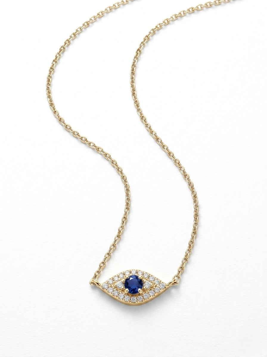 Evil Eye Sapphire or Emerald Diamond Necklace in 14K Gold