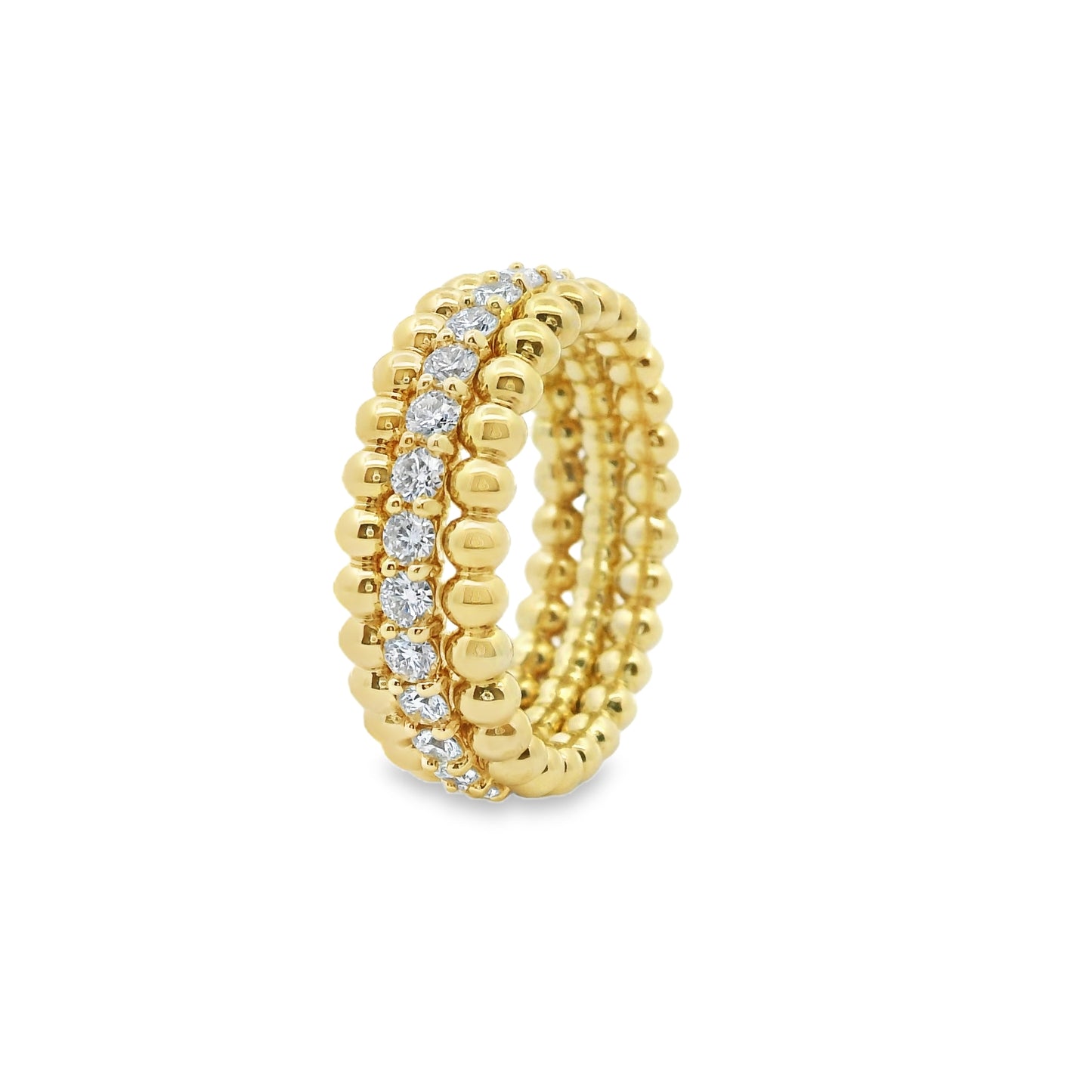 Three Row Bead Gold Ring with Diamonds in 14K Yellow Gold