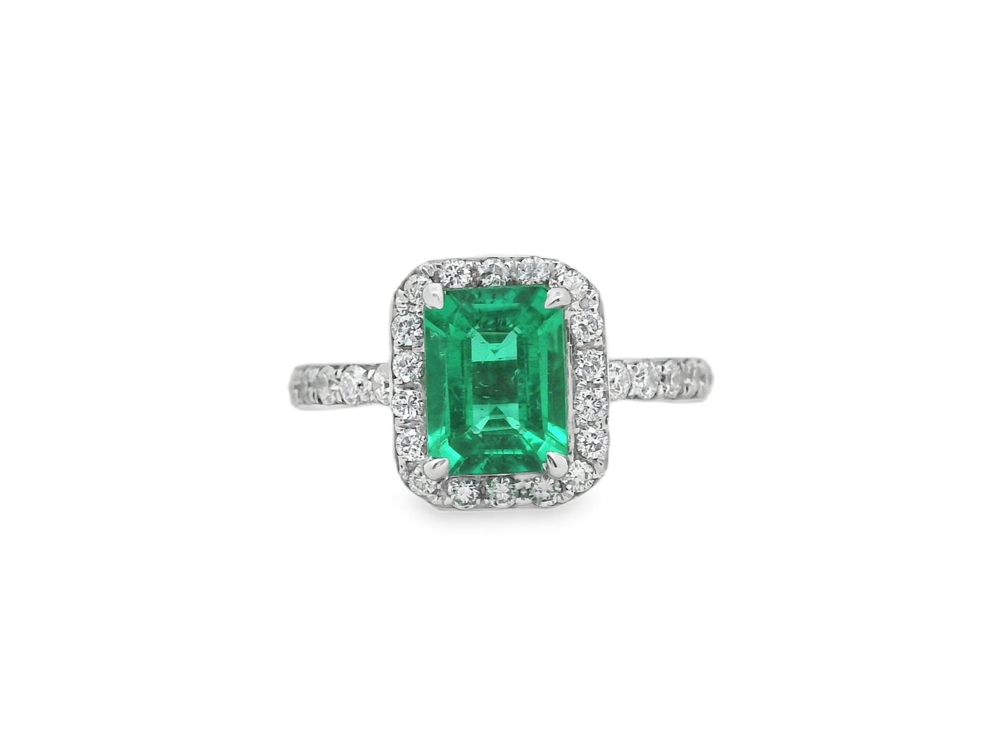 Green Emerald Ring with Diamond Halo in 14K White Gold
