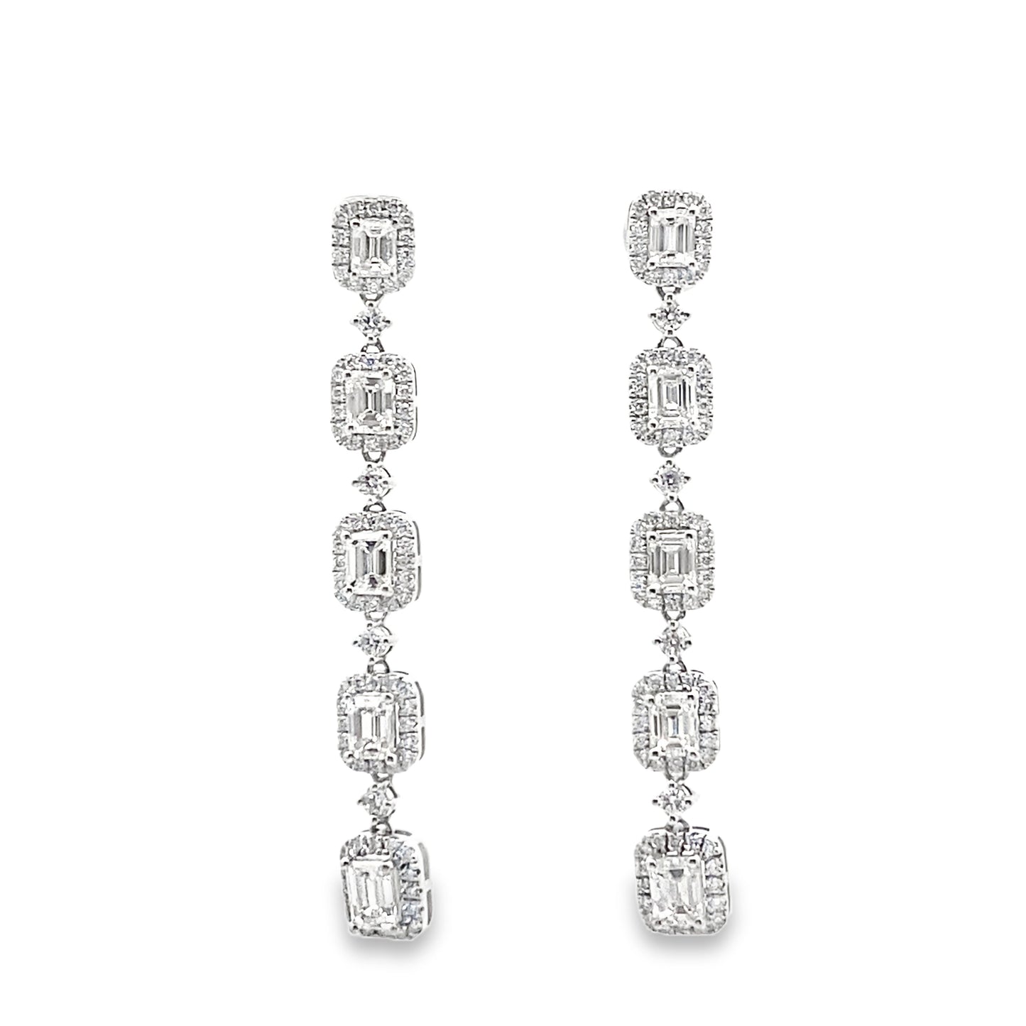 Baguette Halo Diamond Drop Earrings in 14K White Gold