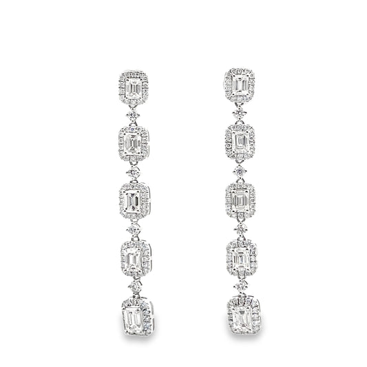 Baguette Halo Diamond Drop Earrings in 14K White Gold