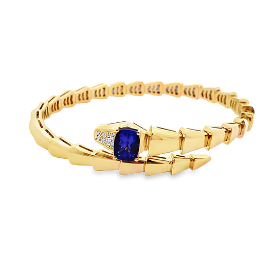 Serpent Bangle Bracelet with Diamonds and Tanzanite in 18K Yellow Gold