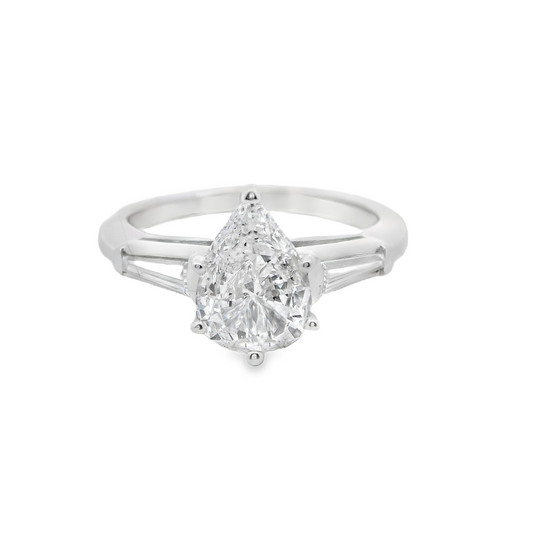 Pear-Shape Diamond Engagement Ring with Tapered Baguette Sides in 14K White Gold