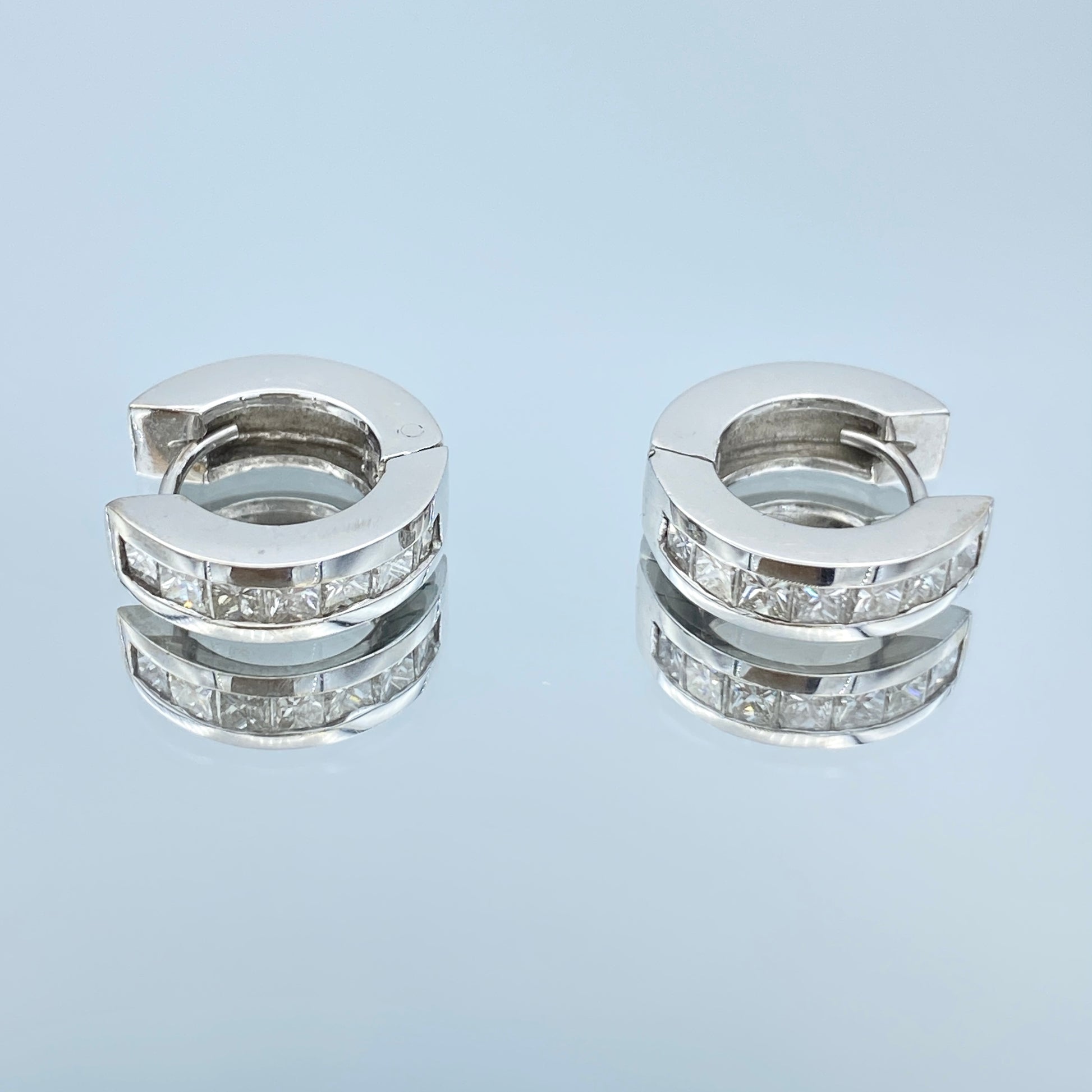 Channel Set Princess Cut Diamond Huggie Hoop Earrings in 14K White Gold - L and L Jewelry