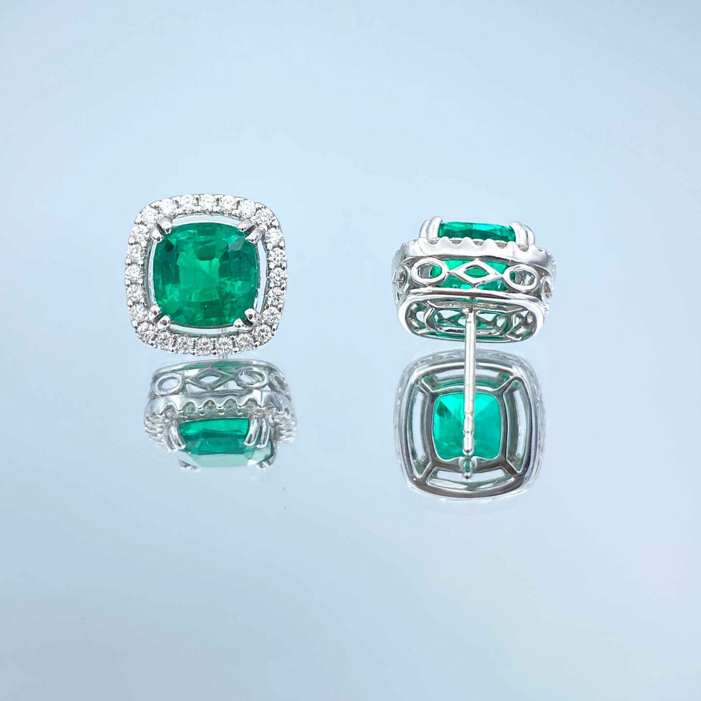 Emerald Earrings with a Diamond Halo in 14K White Gold - L and L Jewelry