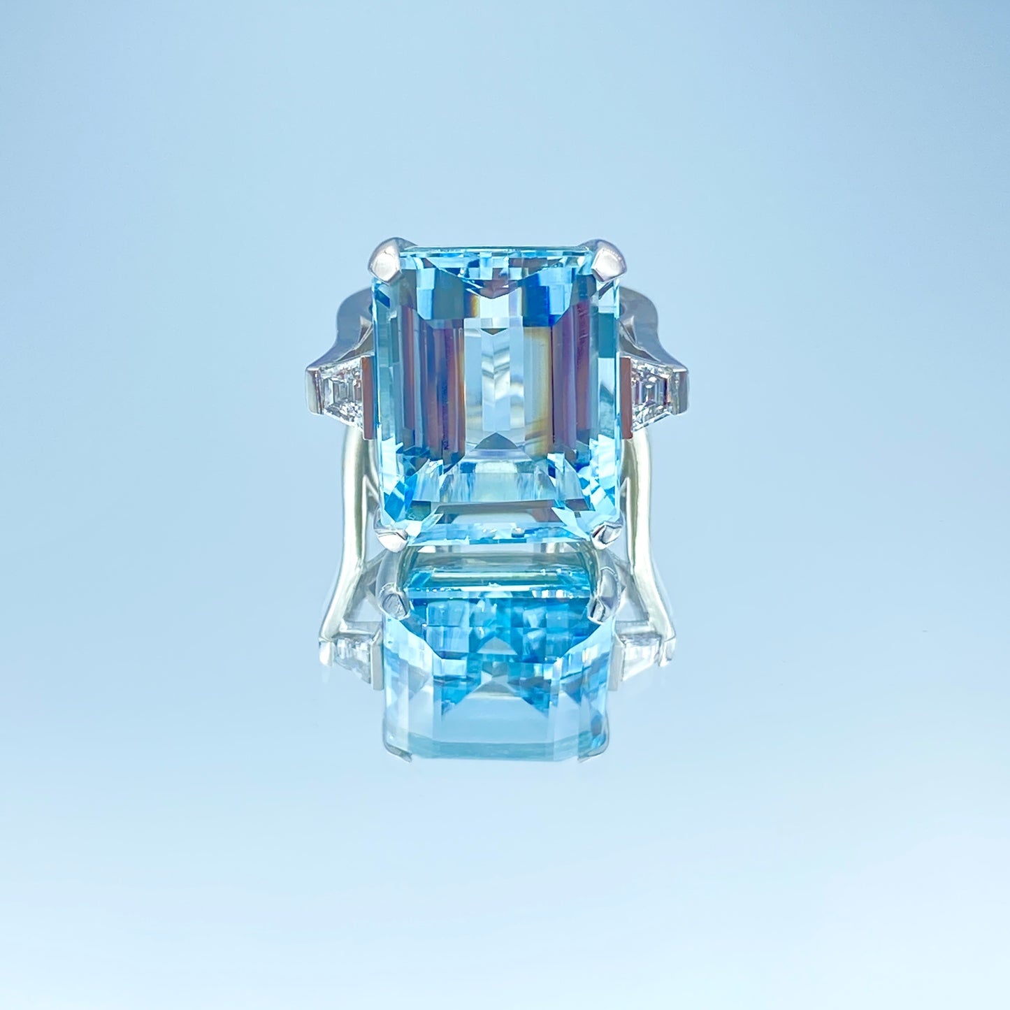 Blue Topaz Ring with Trapezoid Side Diamonds in 14K White Gold - L and L Jewelry