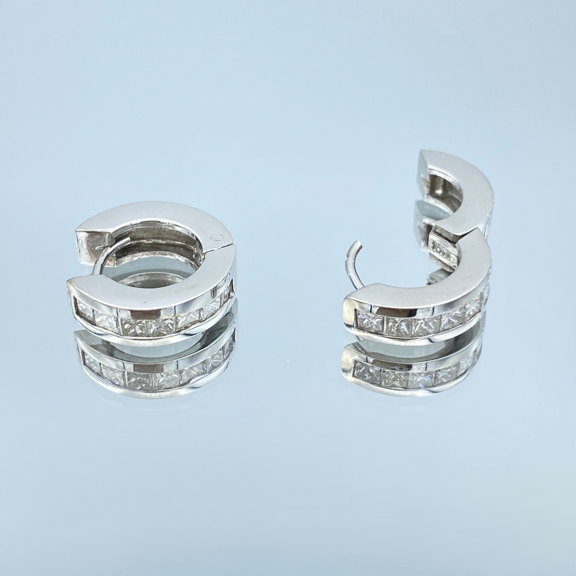 Channel Set Princess Cut Diamond Huggie Hoop Earrings in 14K White Gold - L and L Jewelry