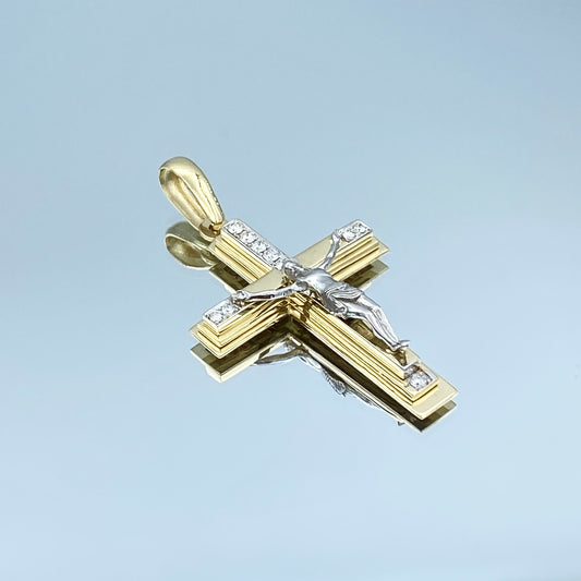 Two Tone Gold Cross Pendant with Diamonds in 14K Yellow Gold and 14K White Gold - L and L Jewelry
