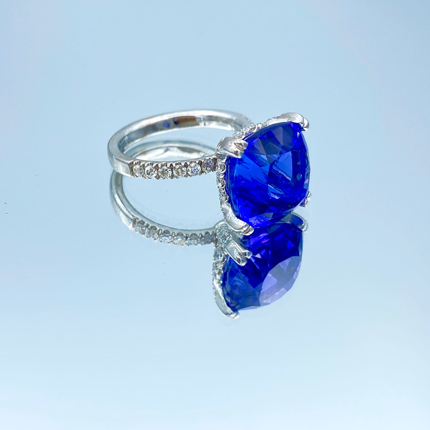 Cushion-Cut Tanzanite Ring with Hidden Diamond Halo in 14K White Gold - L and L Jewelry