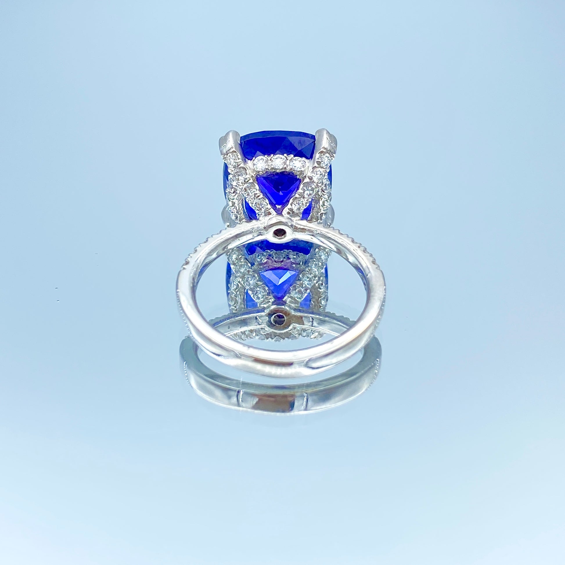 Cushion-Cut Tanzanite Ring with Hidden Diamond Halo in 14K White Gold - L and L Jewelry