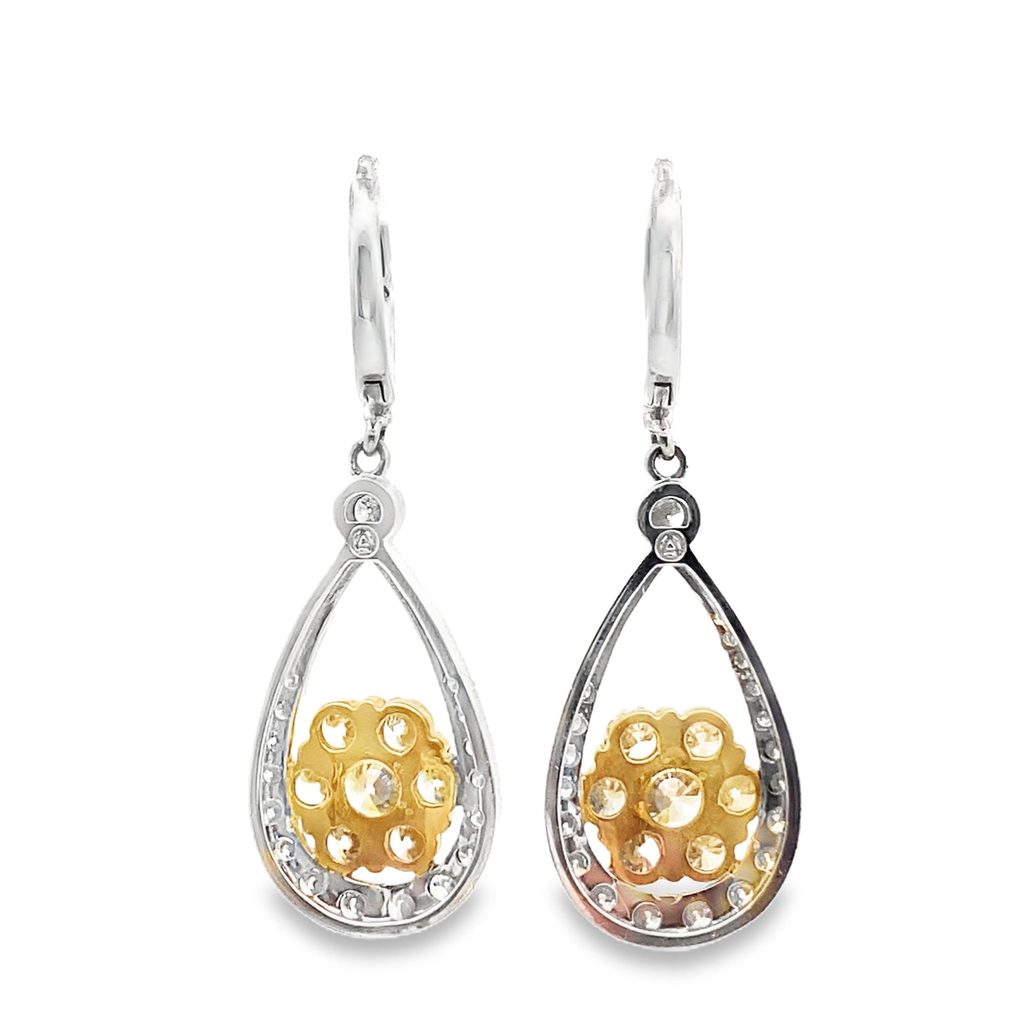 Floral Design Yellow Diamond and White Diamond Dangle Statement Earrings