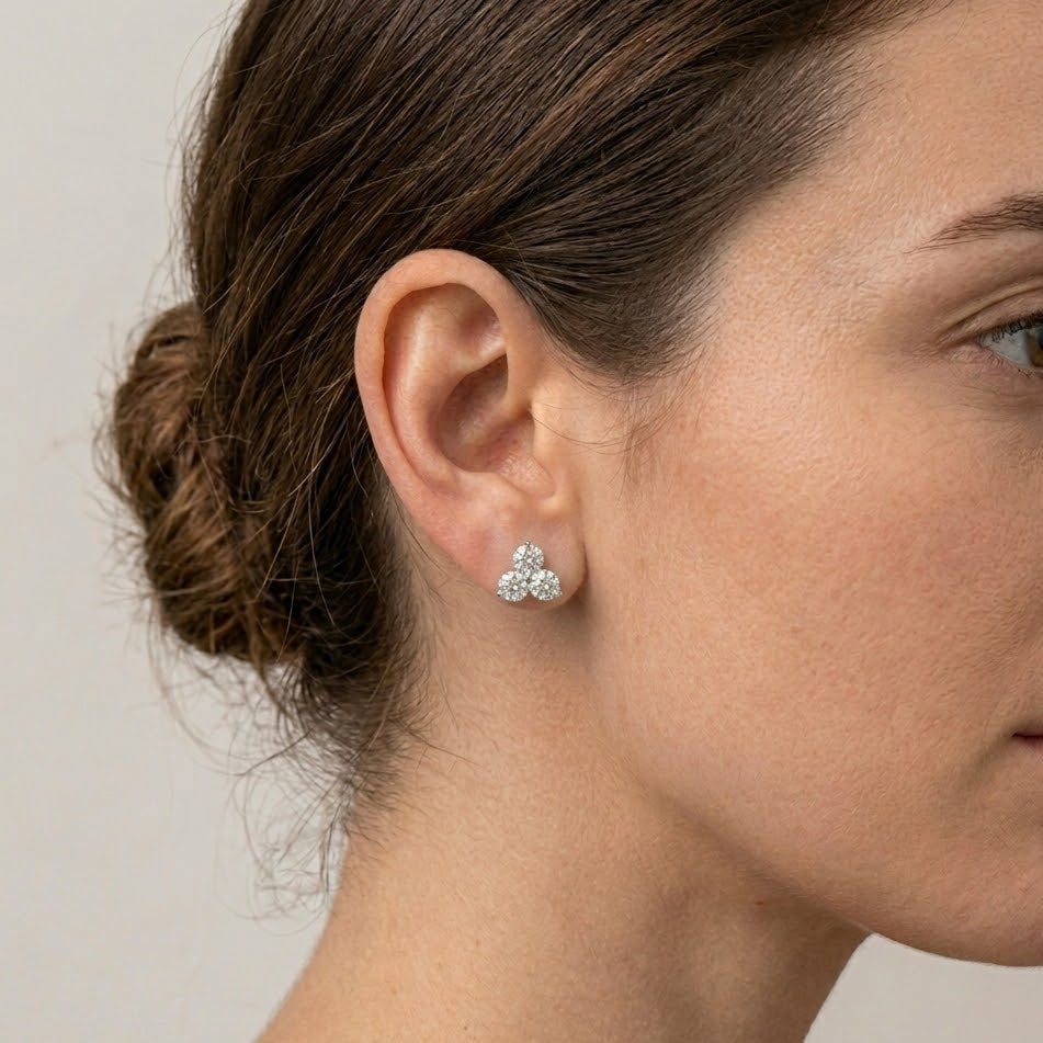 Triangular Three Stone Diamond Stud Earrings in 14K White Gold