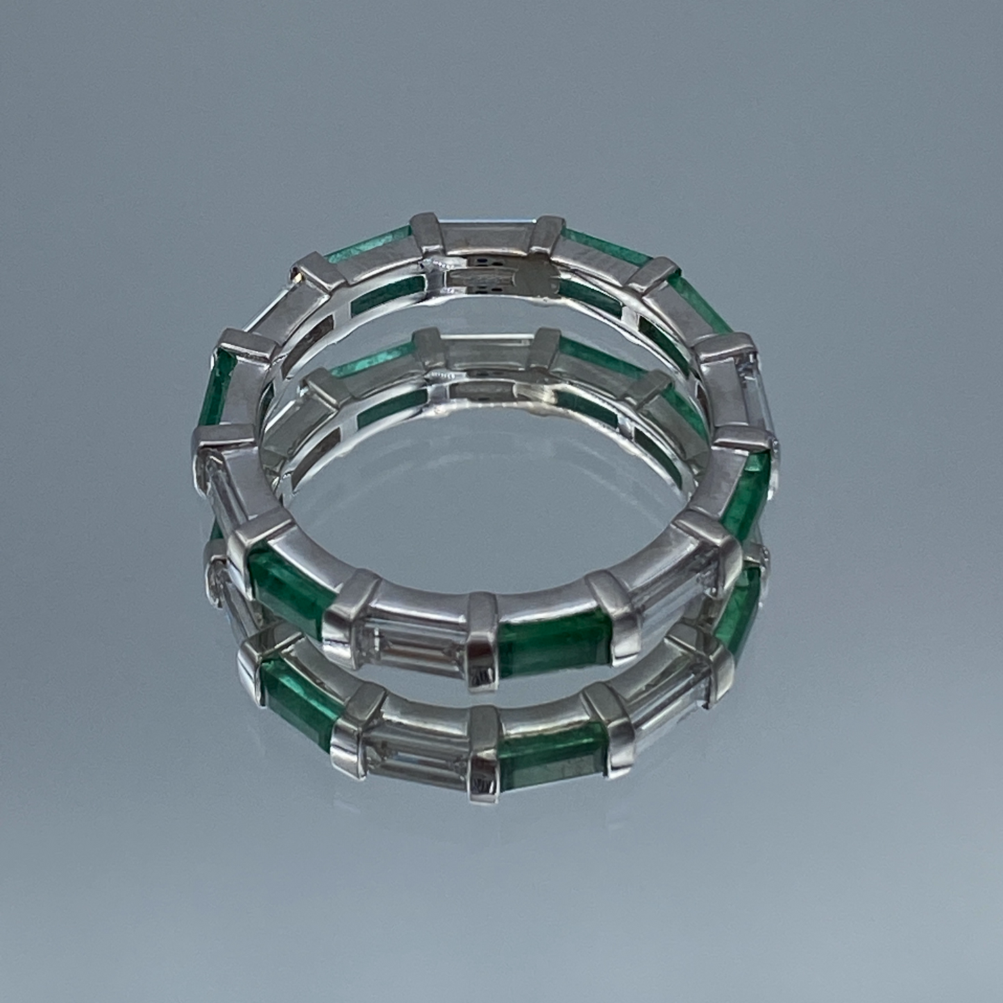 Alternating Baguette-Cut Emerald and Baguette-Cut Diamond Eternity Band in 14K White Gold - L and L Jewelry