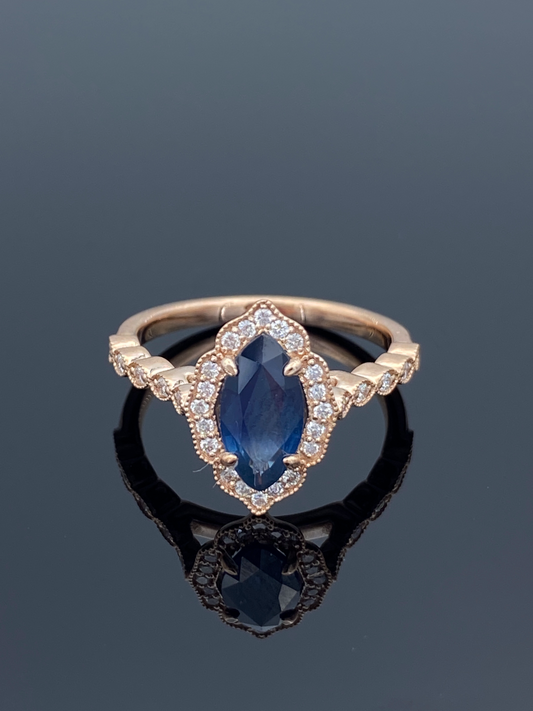 Halo Marquise-Cut Sapphire and Diamond Ring in 14K Rose Gold - L and L Jewelry