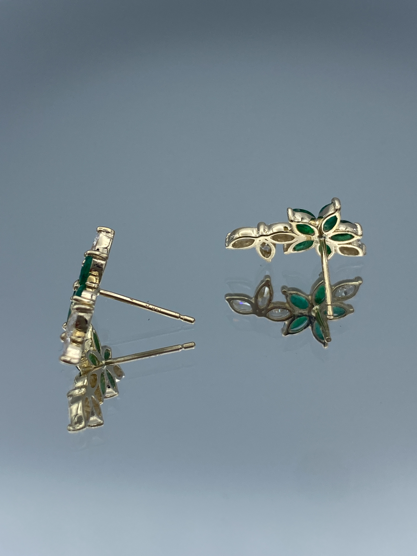 Floral Shape Emerald and Diamond Crawling Earrings in 14K Yellow Gold - L and L Jewelry