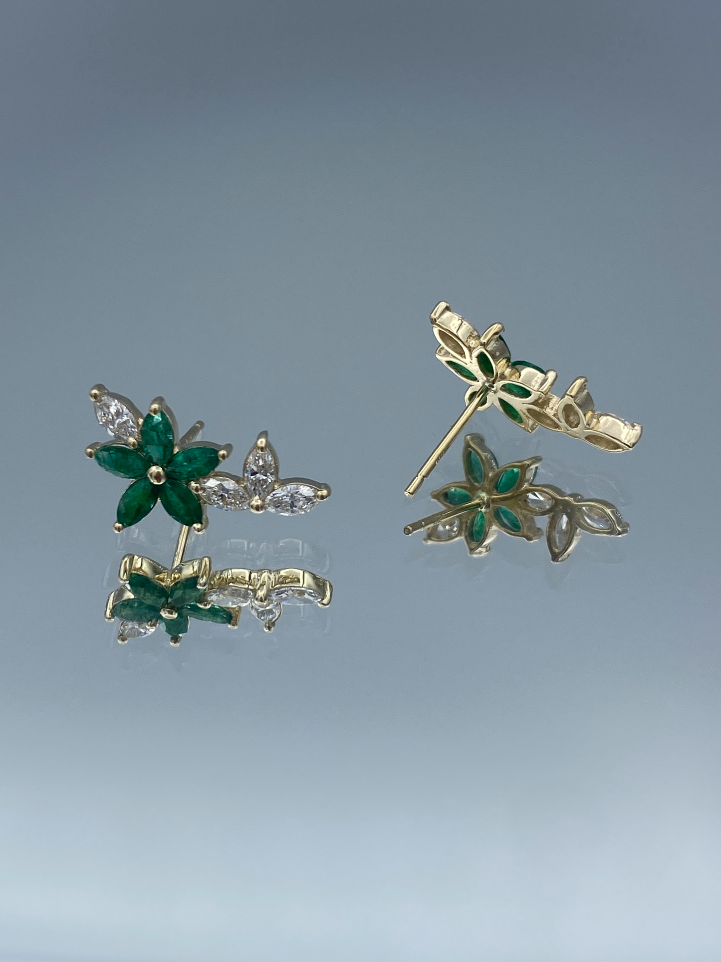 Floral Shape Emerald and Diamond Crawling Earrings in 14K Yellow Gold - L and L Jewelry