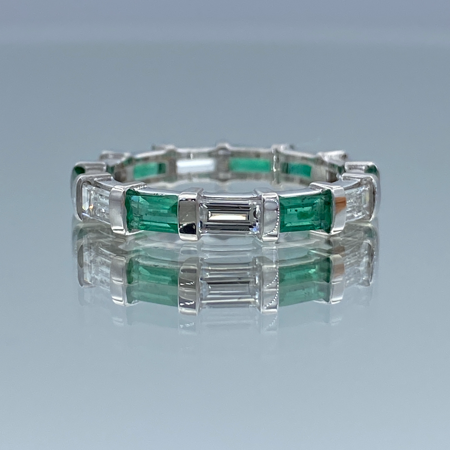 Alternating Baguette-Cut Emerald and Baguette-Cut Diamond Eternity Band in 14K White Gold - L and L Jewelry