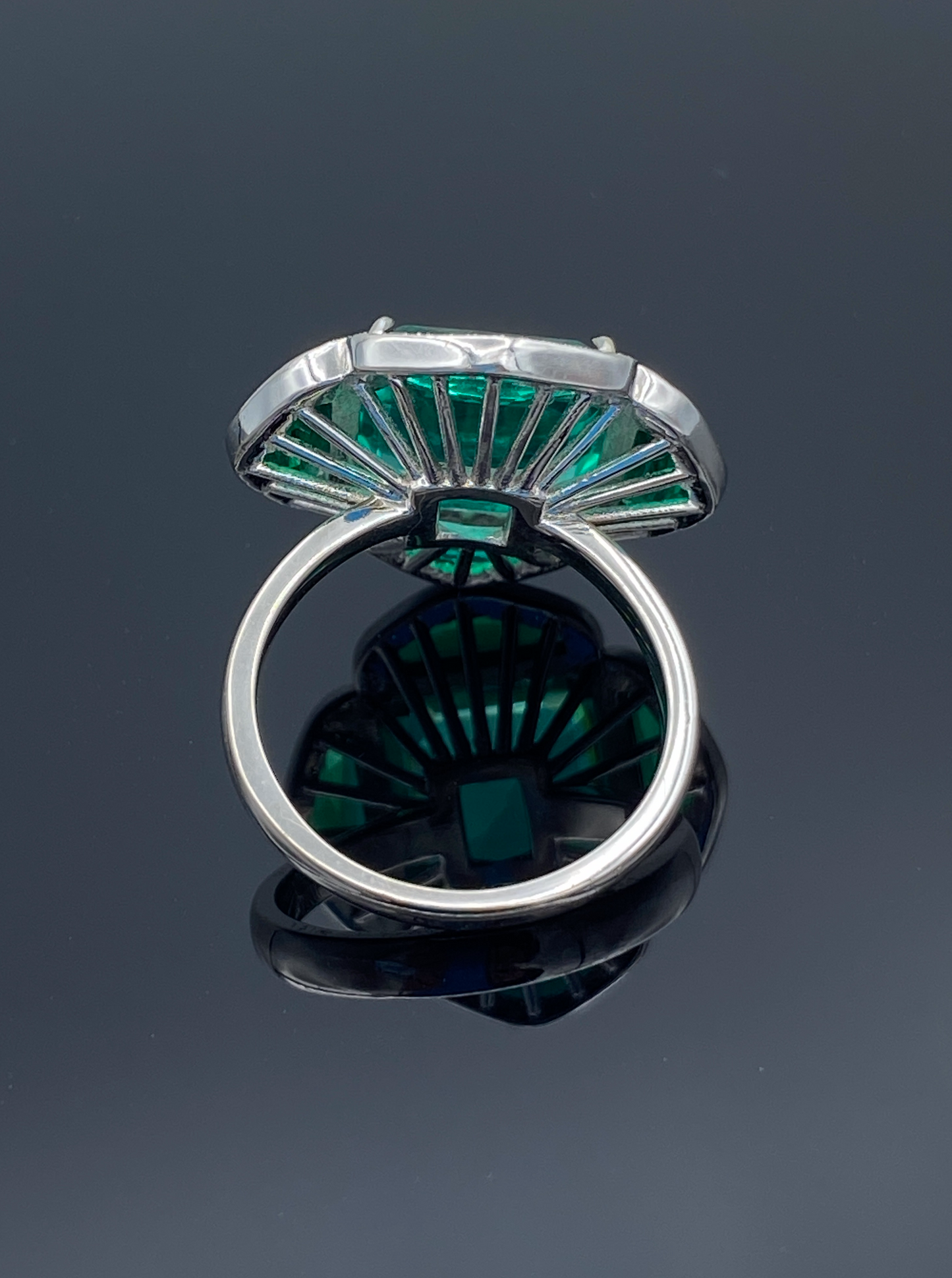 Floral Shape Step-Cut and Half Moon-Cut Emerald and Brilliant-Cut Diamond Ring in 14K White Gold - L and L Jewelry