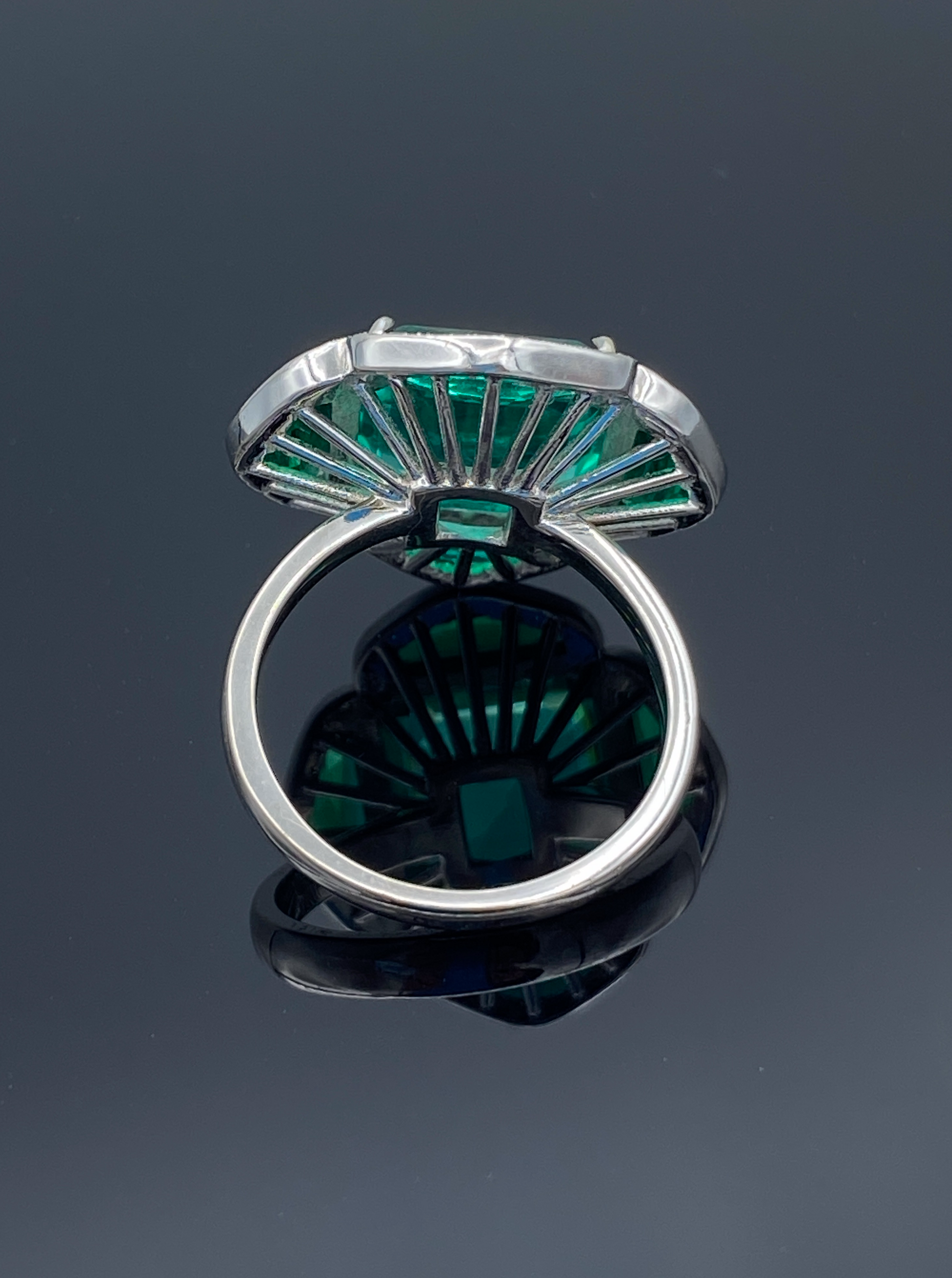 Floral Shape Step-Cut and Half Moon-Cut Emerald and Brilliant-Cut Diamond Ring in 14K White Gold - L and L Jewelry