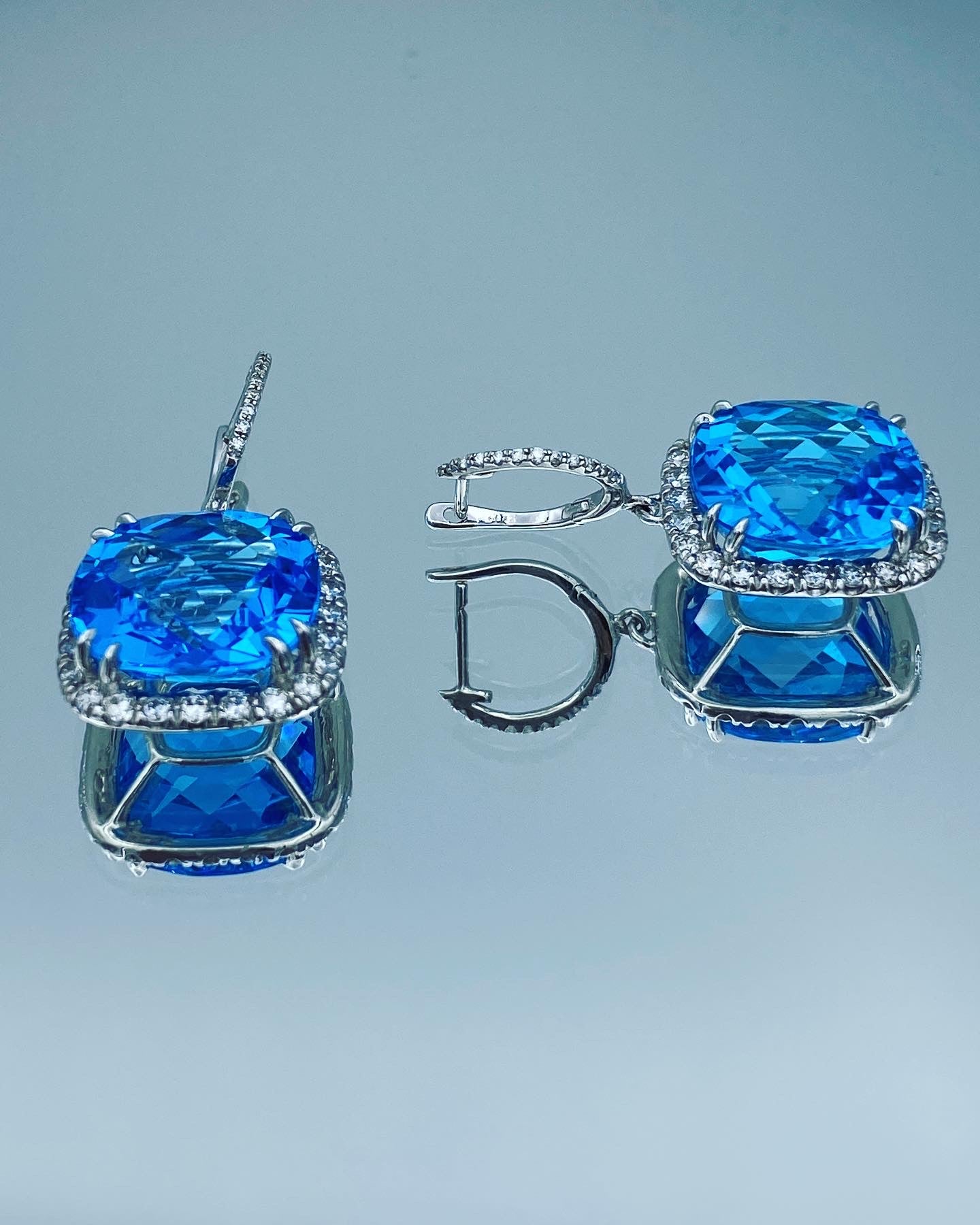 Blue Topaz Drop Earrings with Diamond Halo in 14K White Gold - L and L Jewelry