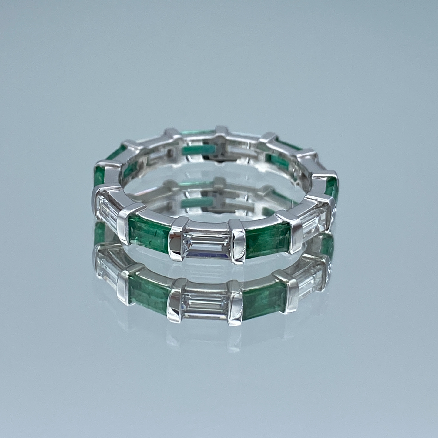 Alternating Baguette-Cut Emerald and Baguette-Cut Diamond Eternity Band in 14K White Gold - L and L Jewelry