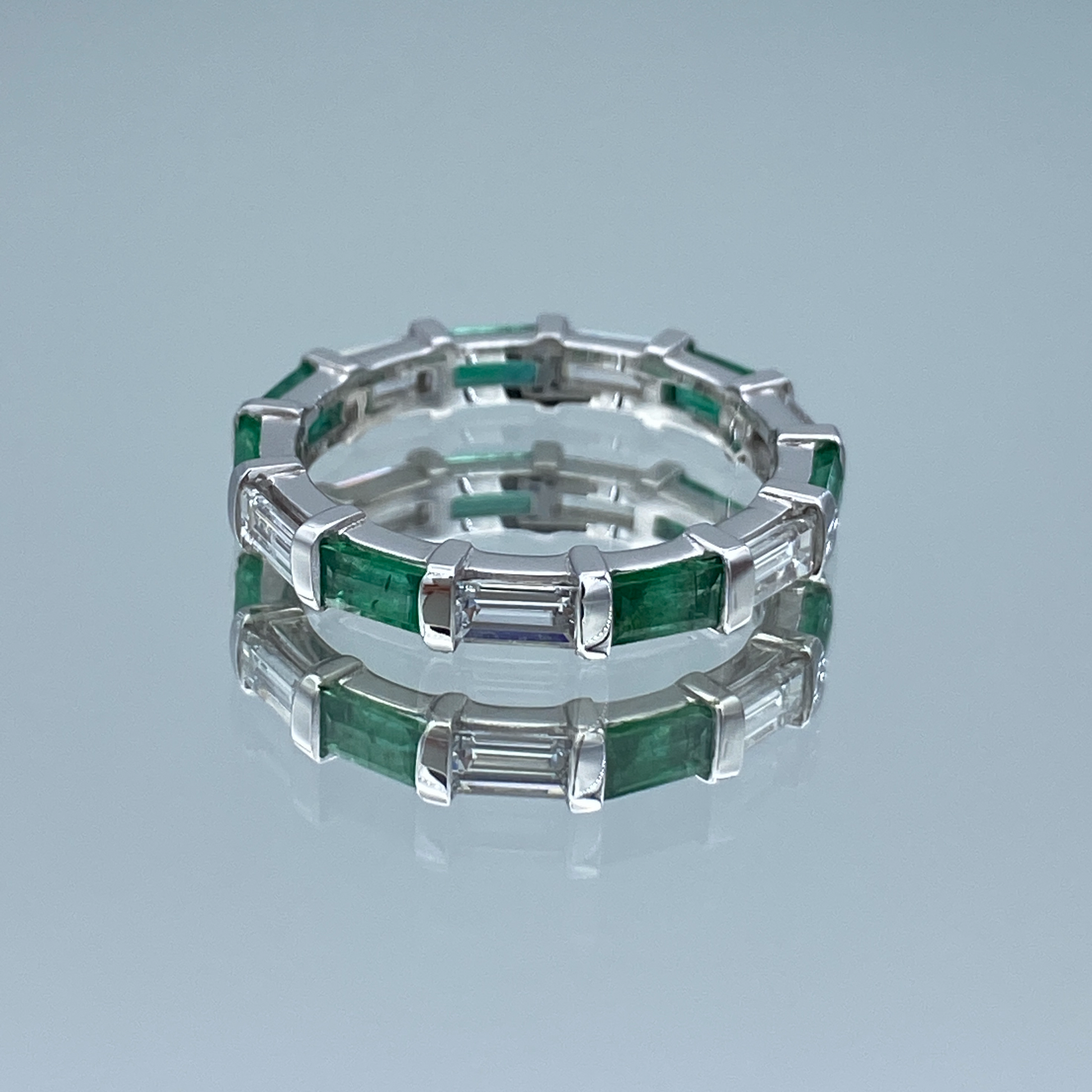 Alternating Baguette-Cut Emerald and Baguette-Cut Diamond Eternity Band in 14K White Gold - L and L Jewelry