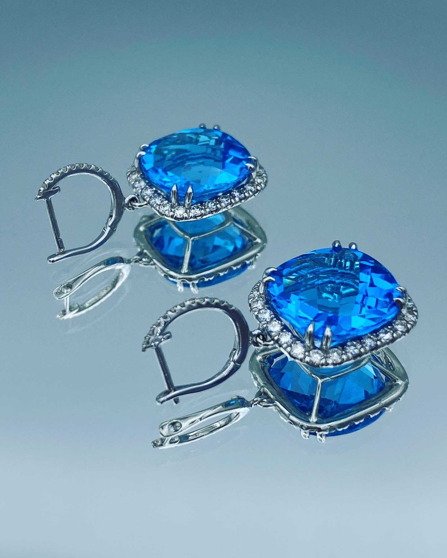 Blue Topaz Drop Earrings with Diamond Halo in 14K White Gold - L and L Jewelry