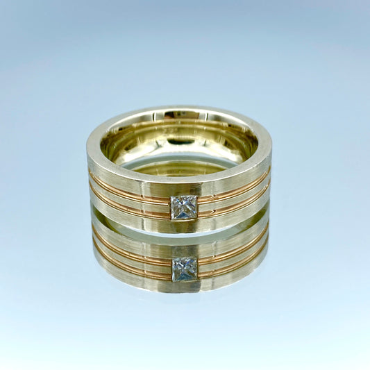 Two Tone Men's Wedding Ring with Princess-Cut Diamond in 14K Yellow and Rose Gold - L and L Jewelry