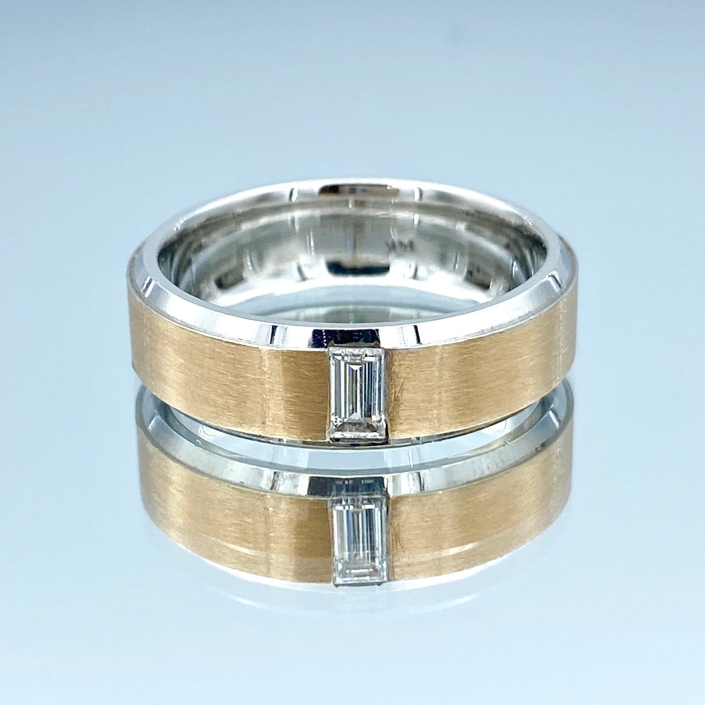 Two Tone Men's Wedding Ring with baguette-Cut Diamond in 14K Rose and White Gold - L and L Jewelry