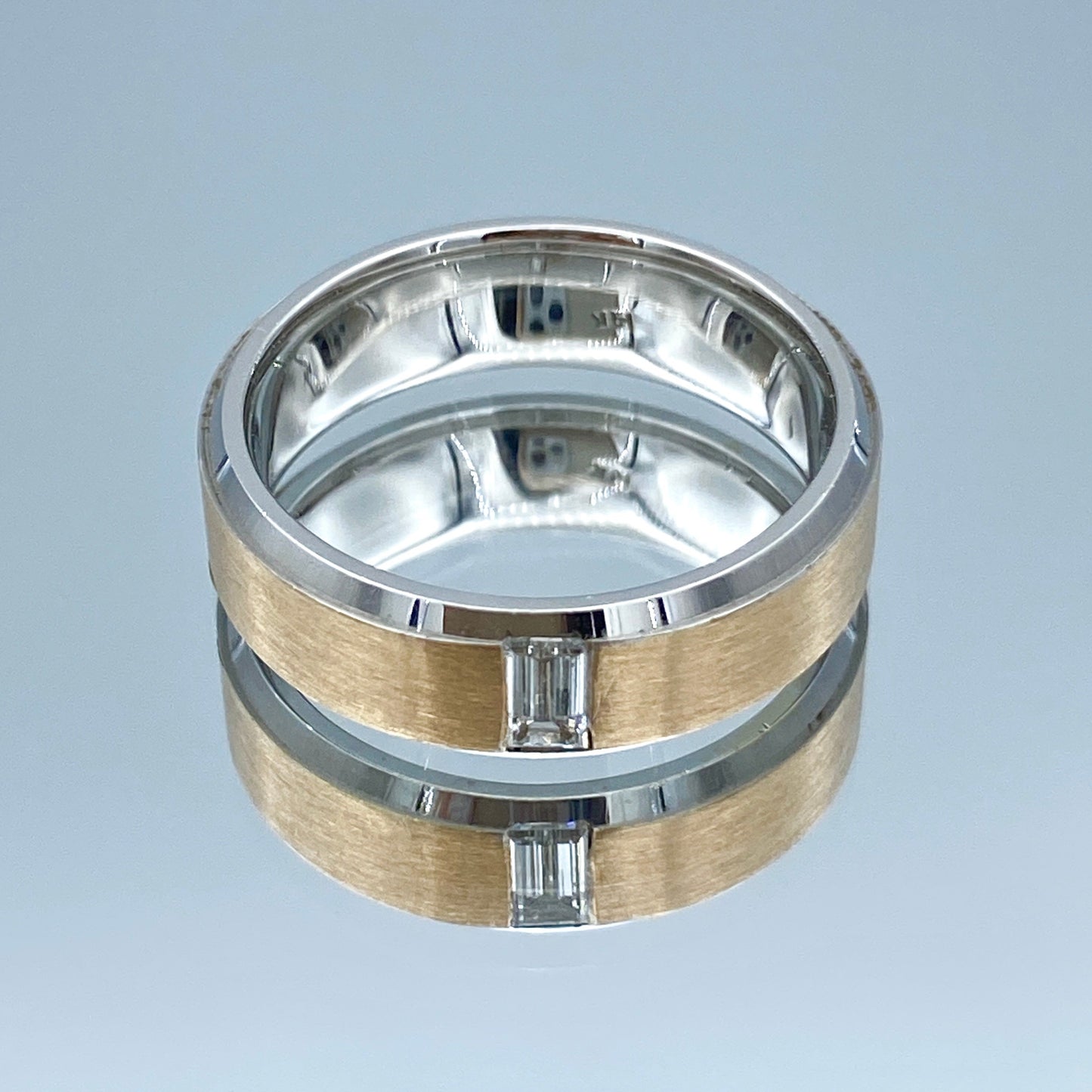 Two Tone Men's Wedding Ring with baguette-Cut Diamond in 14K Rose and White Gold - L and L Jewelry