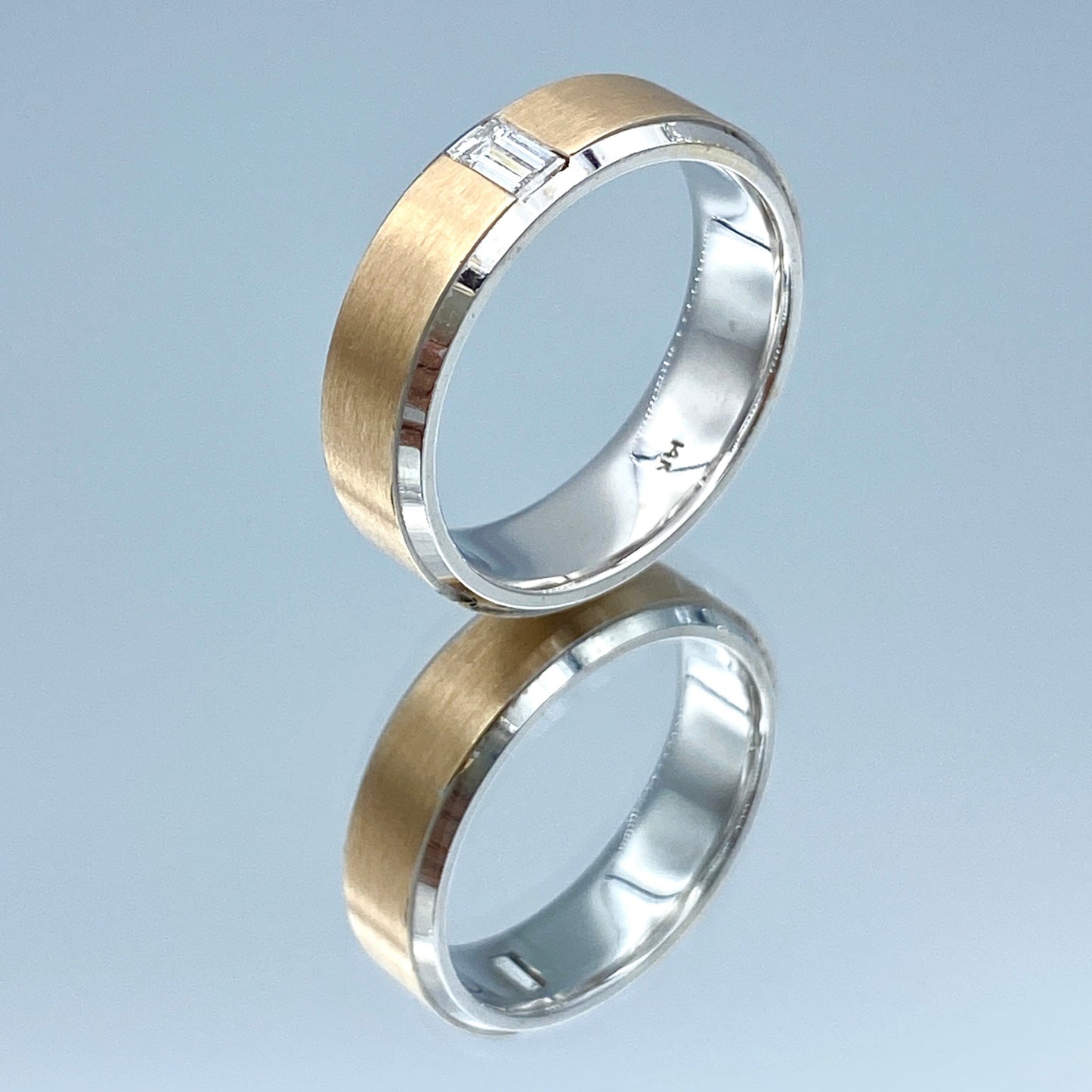 Two Tone Men's Wedding Ring with baguette-Cut Diamond in 14K Rose and White Gold - L and L Jewelry