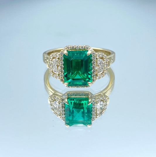 Emerald and Diamond Halo Ring in 14K Yellow Gold - L and L Jewelry