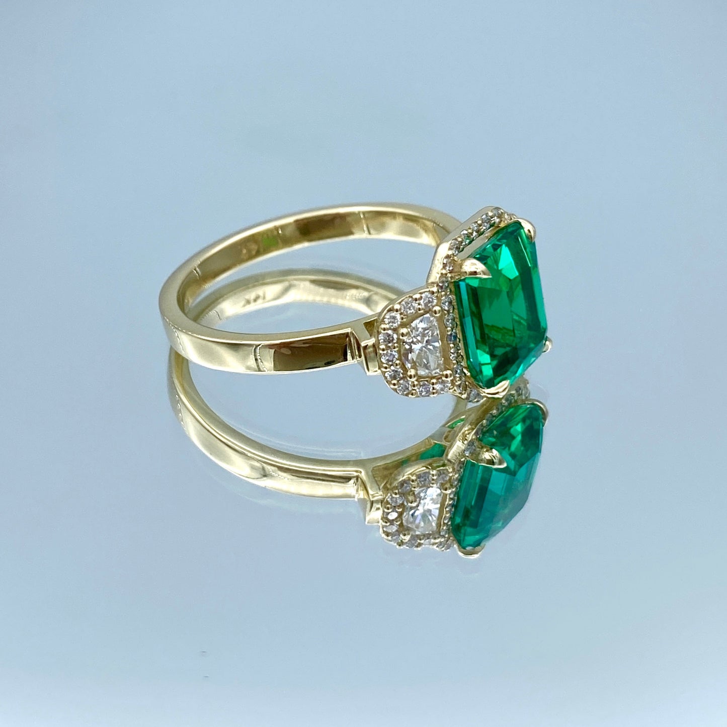 Emerald and Diamond Halo Ring in 14K Yellow Gold - L and L Jewelry