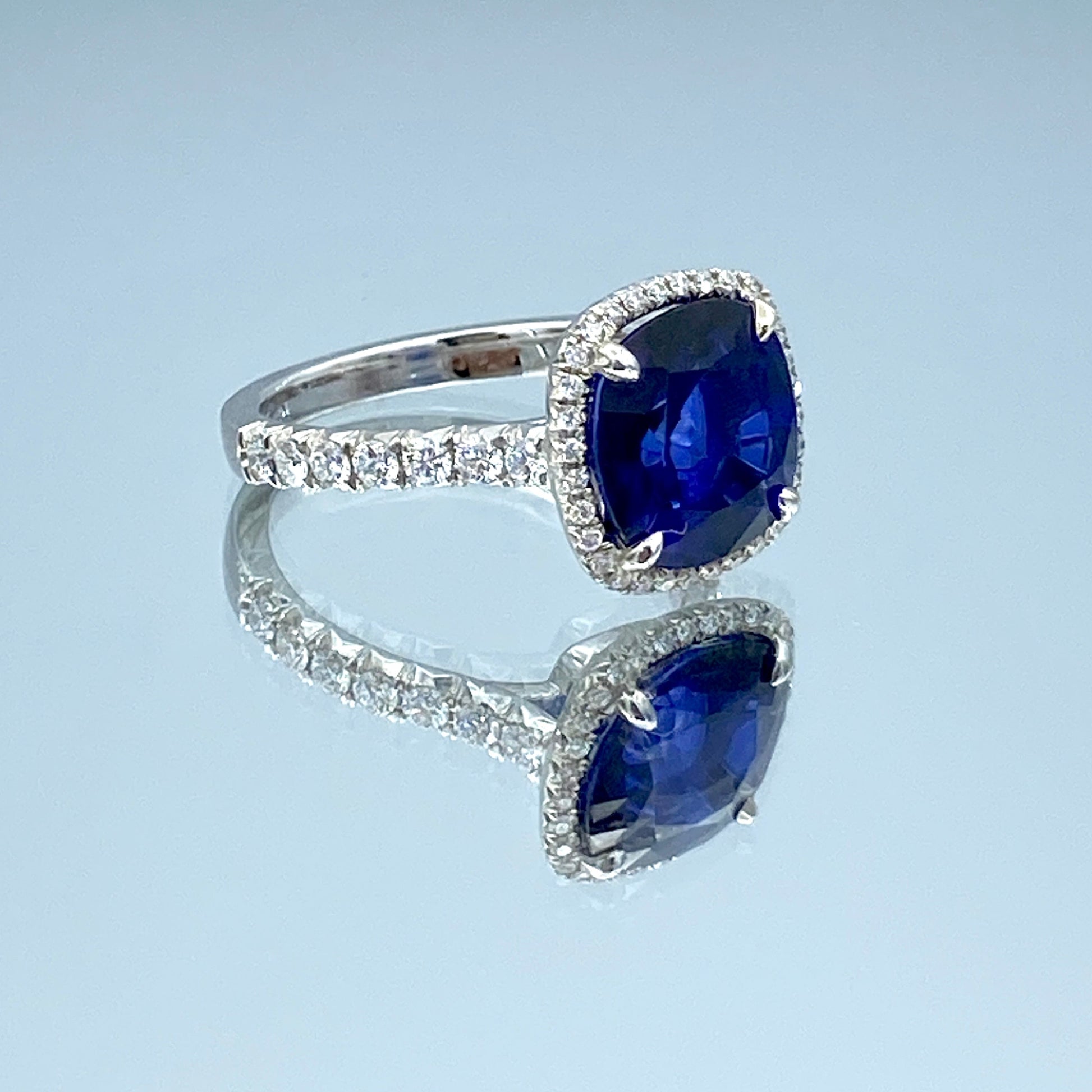 Halo Blue Sapphire and Diamond Ring in 14K White Gold - L and L Jewelry